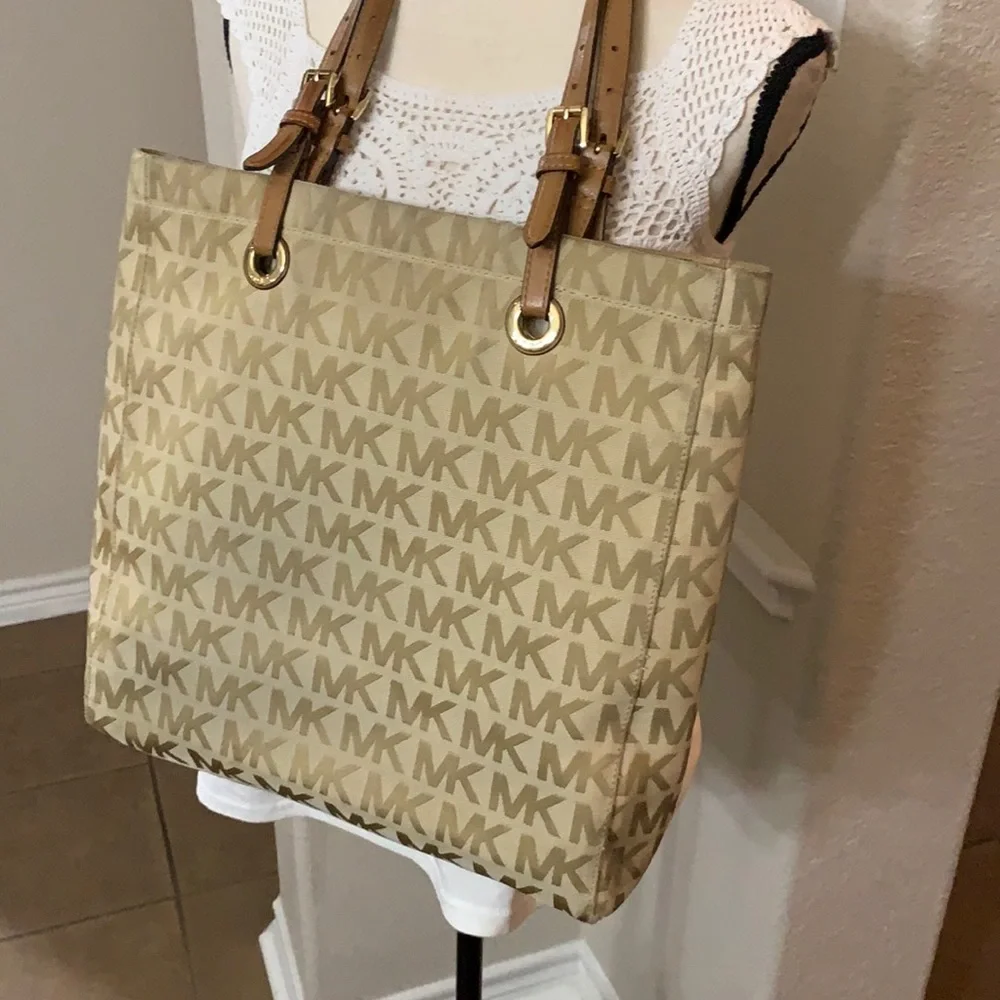 Michael Kors MK monogrammed print tan large shoulder bag with tan leather straps